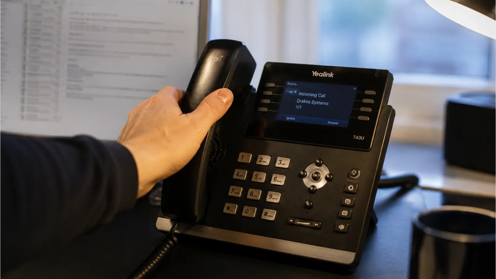 Contact Drakos Systems - hand reaching for VoIP phone