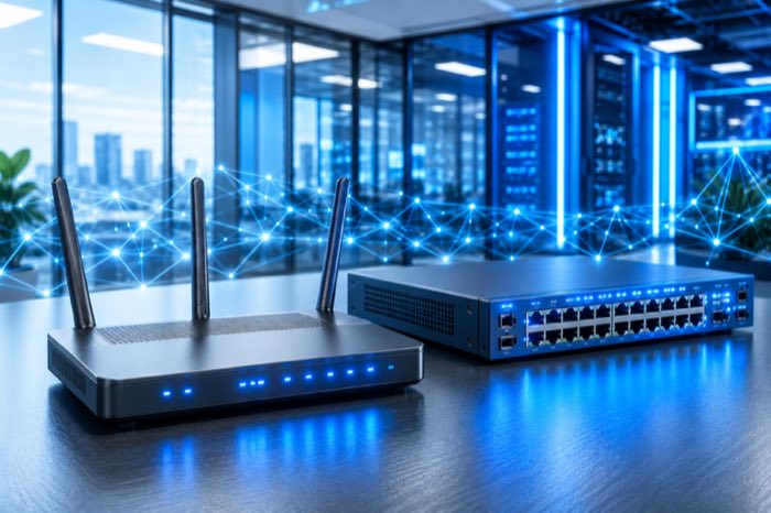 Business Broadband and WiFi - network router with glowing blue LEDs