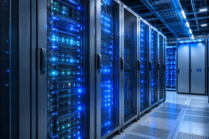 Managed IT and Cybersecurity - server rack with blue LED lighting