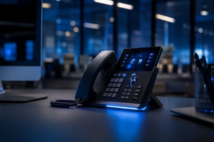 Business VoIP Phone Systems - Yealink desk phone with electric blue lighting